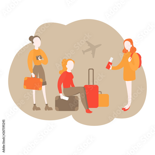 Cartoon girl tourists going on holiday. Passengers waiting departure, boarding in the terminal airport. Travel on the airplane