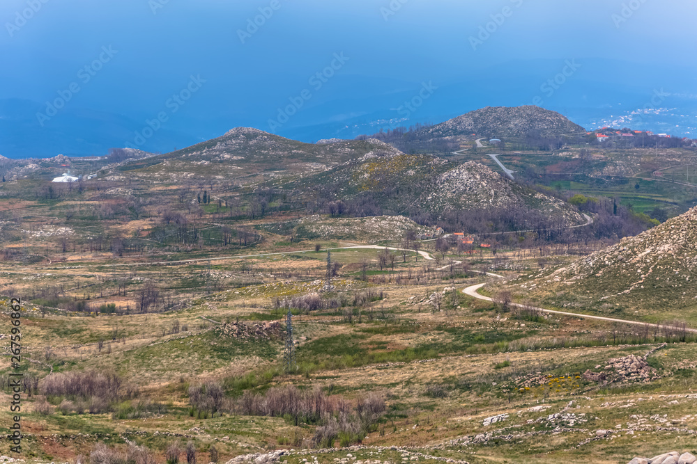 Top view of the mountains with fields and granitic rocks, on Caramulo mountains