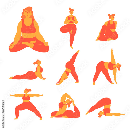 Body positive plus size woman doing yoga poses.