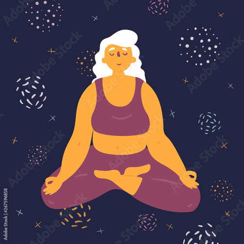 Body positive woman makes lotus asana in the space
