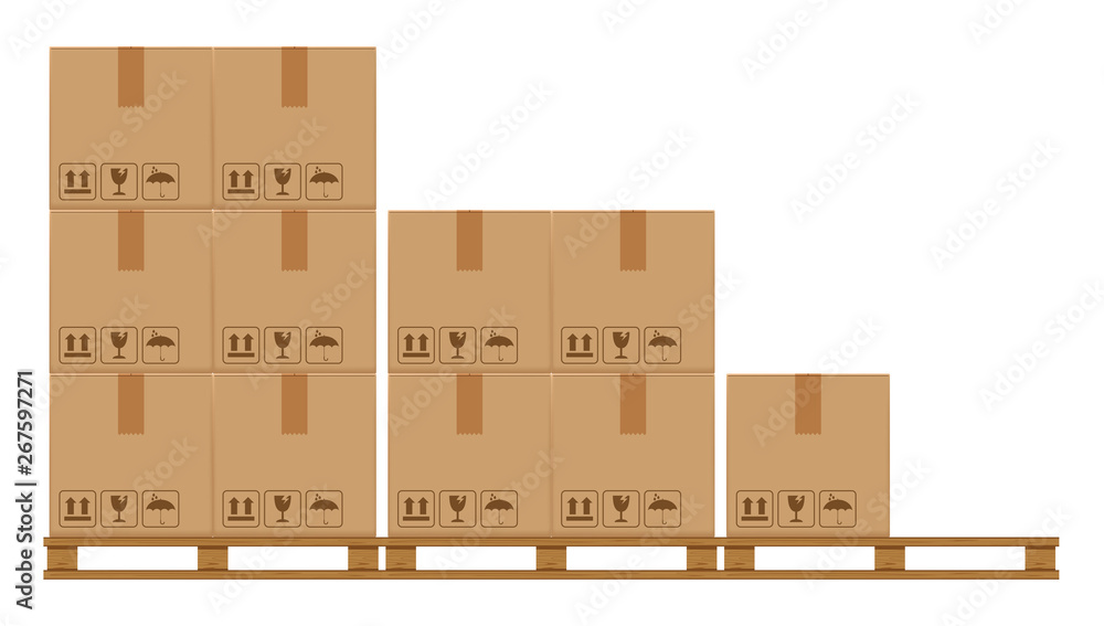 crate boxes on wooded pallet, wood pallet with cardboard box in factory warehouse storage, flat style warehouse cardboard parcel boxes stack, packaging cargo, 3d boxes brown isolated on white crate boxes on wooded pallet, wood pallet with cardboard box in factory warehouse storage, flat style warehouse cardboard parcel boxes stack, packaging cargo, 3d boxes brown isolated on white