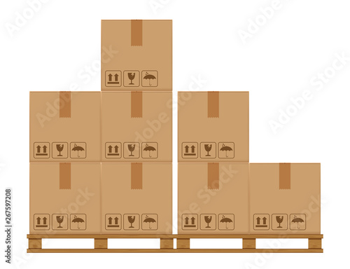 crate boxes eight on wooded pallet, wood pallet with cardboard box in factory warehouse storage, flat style warehouse cardboard parcel boxes stack, packaging cargo, 3d boxes brown isolated on white