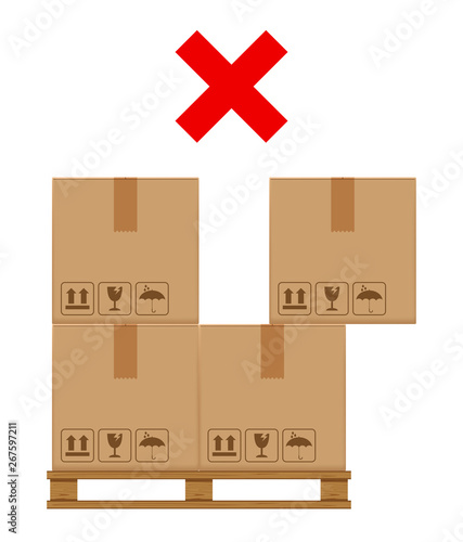 crate boxes on wooded pallet and cross mask red for product arrangement concept, stack cardboard box in factory warehouse storage, cardboard parcel boxes packaging cargo brown isolated on white
