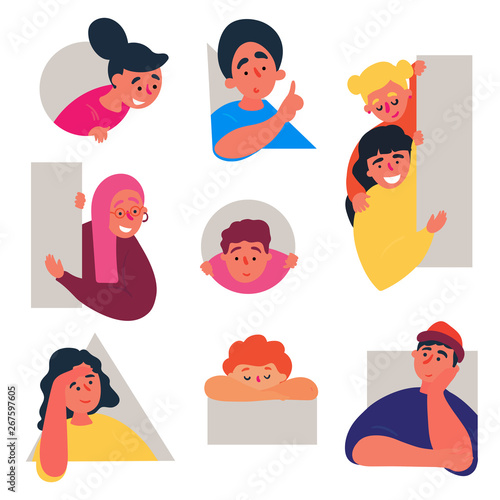 Boys and girls doodle set. People in various holes