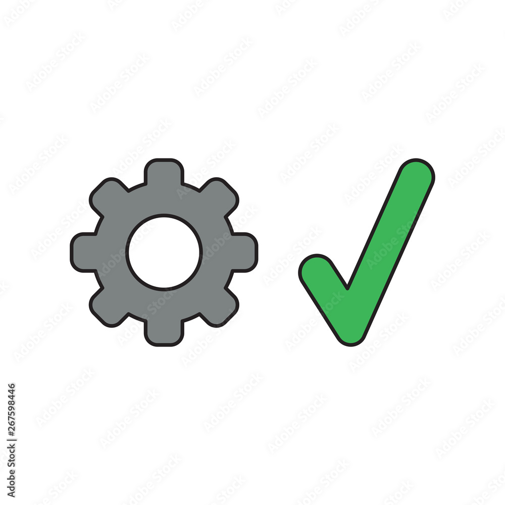 Vector icon concept of gear with check mark. Black outlines and colored. Vector icon concept of gear with check mark. Black outlines and colored.