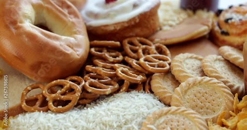 Overhead Shot Of Foods Containing Unhealthy Or Bad Carbohydrates