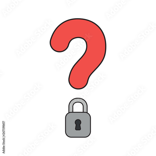 Vector icon concept of question mark with closed padlock. Black outlines and colored.