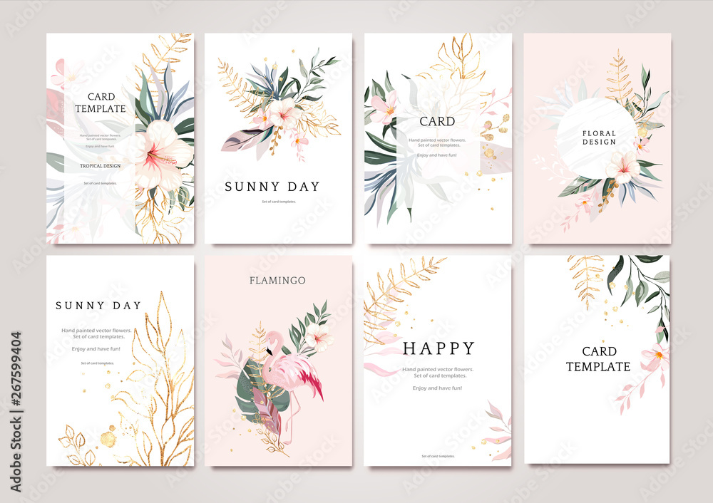 Set of card with exotic green, gold leaves and flowers. Tropical Wedding concept. Floral poster, invite with flamingo. Vector decorative greeting card or invitation design background - obrazy, fototapety, plakaty 
