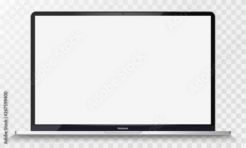 Realistic Silver Notebook with Transparent Screen Isolated. 12 inch Laptop. Open Display. Can Use for Project, Presentation. Blank Device Mock Up. Separate Groups and Layers. Easily Editable Vector.