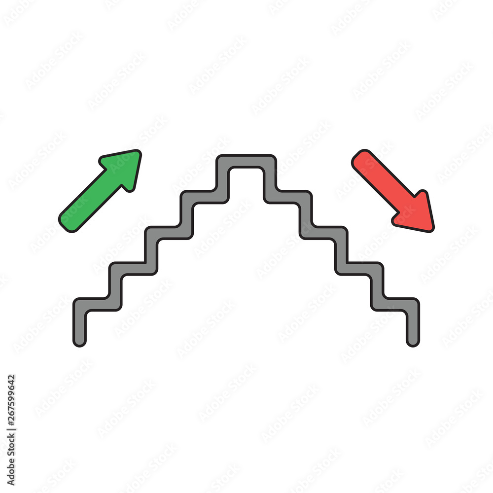 Vector icon concept of stairs with up and down arrows. Black outlines and colored.