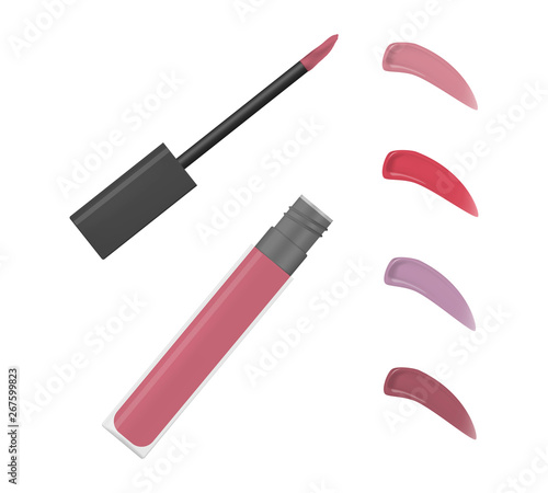 Lip gloss or liquid lipstick open vial with product smears color shade palette isolated on white background, vector illustration