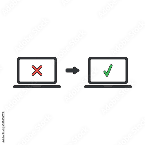 Vector icon concept of laptop with x mark and check mark. Black outlines and colored.