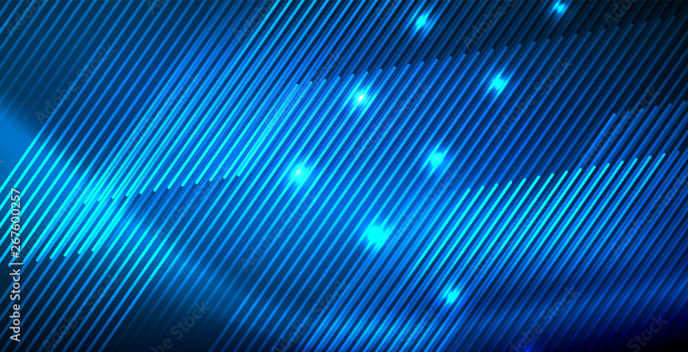 Neon glowing techno lines, blue hi-tech futuristic abstract background template with lights Neon glowing techno lines, blue hi-tech futuristic abstract background template with lights