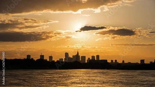 Sunset over the center of Warsaw - timelapse