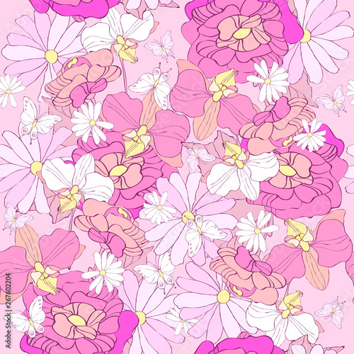 beautiful pink flowers   on a white  pattern