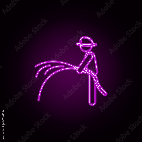 Fireman with hose neon icon. Elements of fireman set. Simple icon for websites, web design, mobile app, info graphics