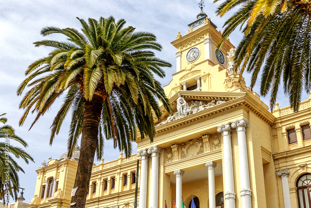 Ayuntamiento in Malaga. 19th century baroque style Town Hall building. Malaga Province, Costa del Sol, Andalucia, Spain