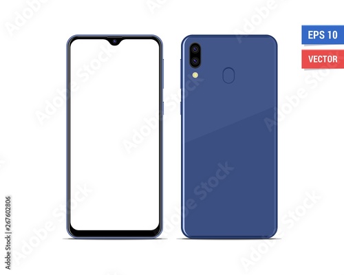 Realistic vector flat mock-up Samsung Galaxy M20 with blank screen isolated on white background. Scale image any resolution photo