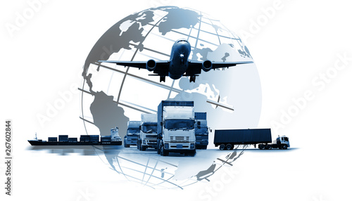 The world logistics , there are world map with logistic network distribution on background and Logistics Industrial Container Cargo freight ship for Concept of fast or instant shipping