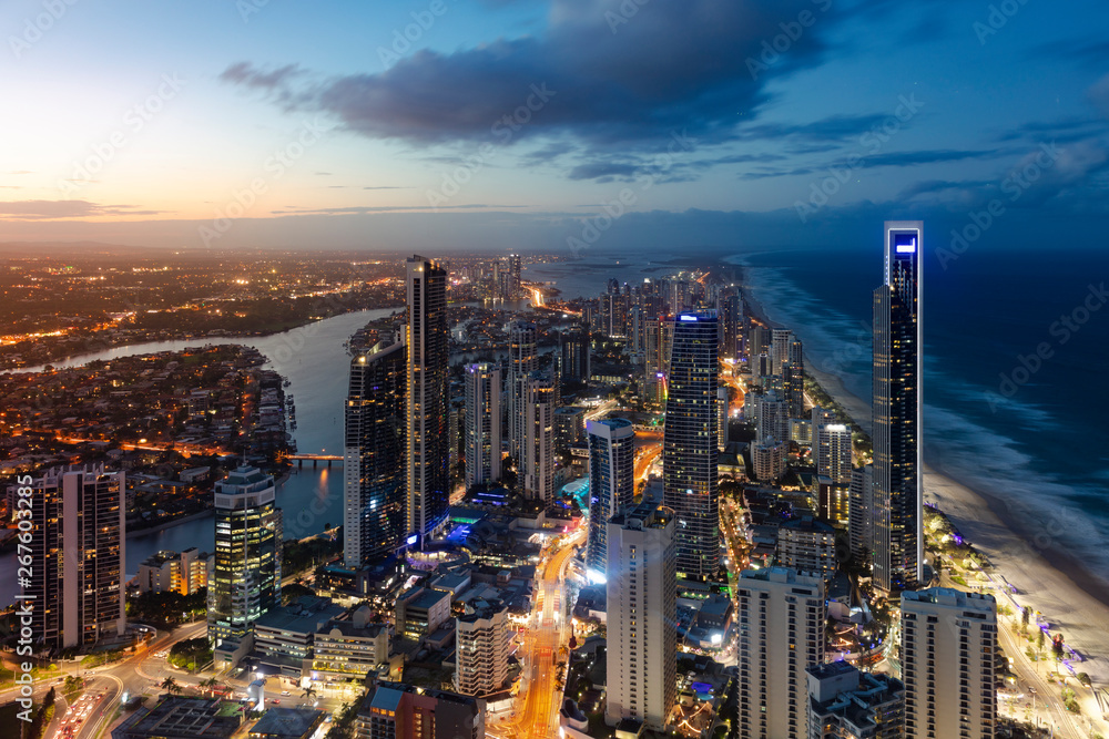Sunset view of Surfers Paradise on the Gold Coast,
