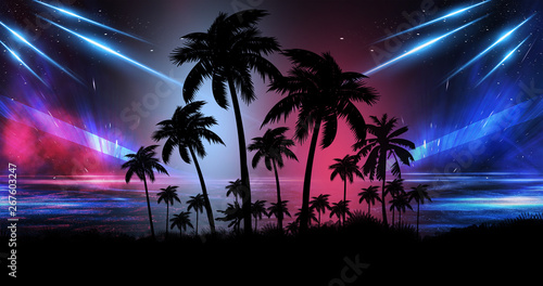 Space futuristic landscape. Neon palm tree, tropical leaves. © MiaStendal