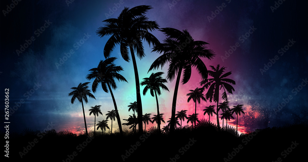 Space futuristic landscape. Neon palm tree, tropical leaves.