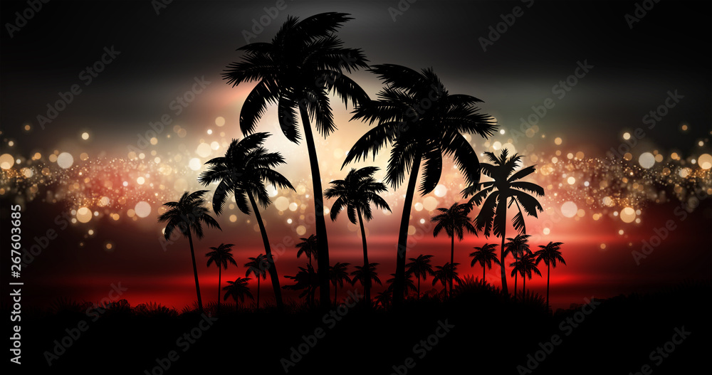 Space futuristic landscape. Neon palm tree, tropical leaves.