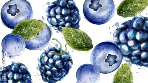 Blueberries background Vector watercolor. Summer delicious fruits cards