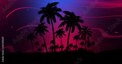 Space futuristic landscape. Neon palm tree, tropical leaves. © MiaStendal