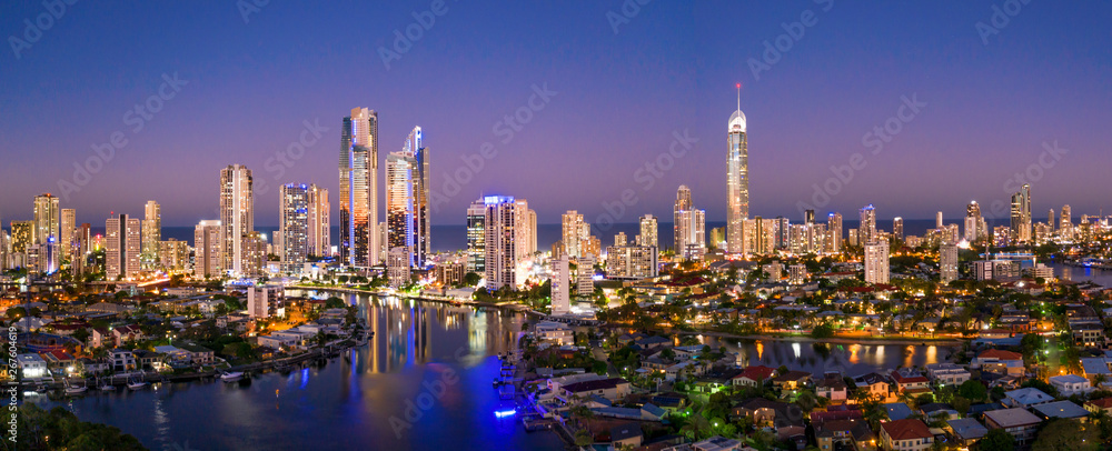 Panoramic sunset view of Surfers Paradise on the Gold Coast looking from the west