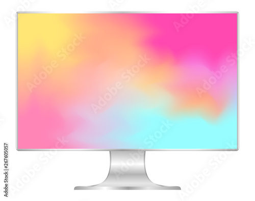 mock up computer and wallpaper colorful colors, flat monitor with multi colors vivid full screen, pc display digital wide screen and slim, colorful art on 4k modern screen, monitor modern lcd desktop