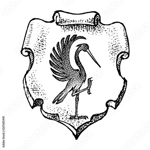 Animal for Heraldry in vintage style. Engraved coat of arms with stork bird. Medieval Emblems and the logo of the fantasy kingdom.