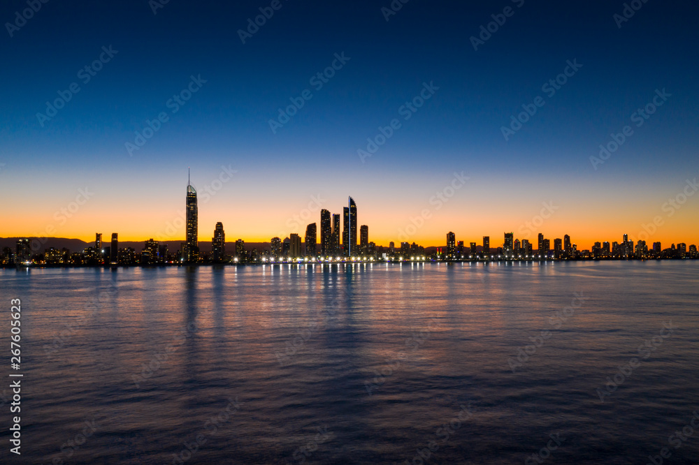 Panorama of sunset over the skyline of the City of Gold Coast