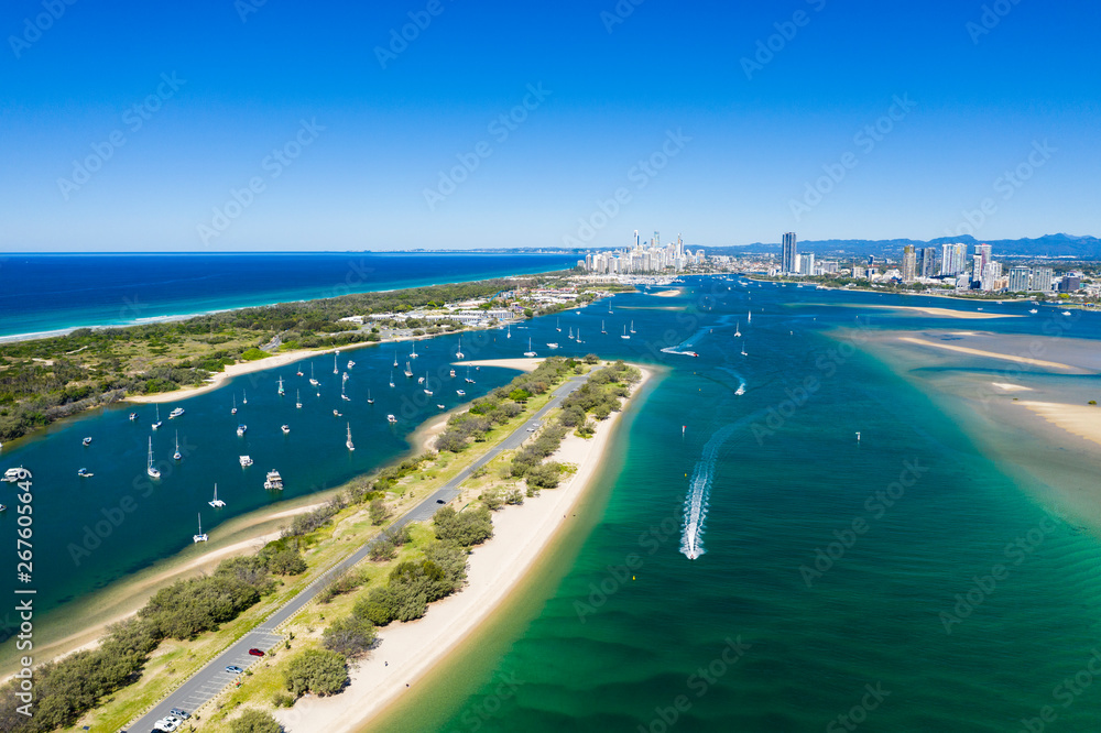 Sunny view of boats around the Spit and the Gold Coast seaway