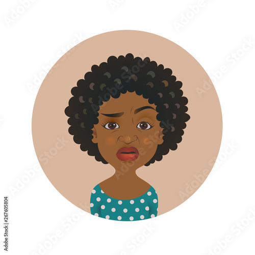 Cute squeamish Afro American woman avatar. Overcritical African girl emoji.  Skeptical dark-skinned person facial expression.