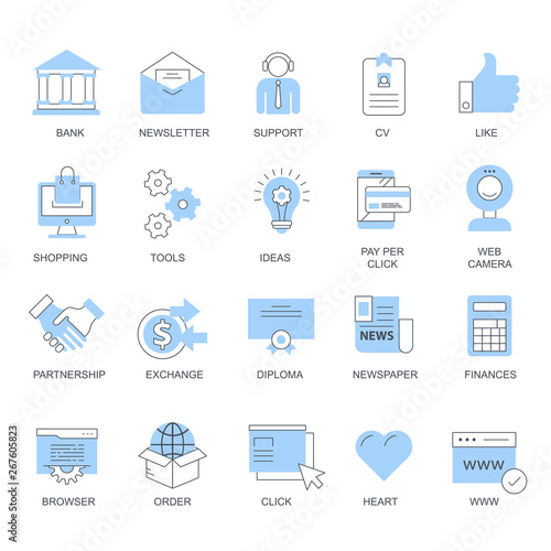 Set vector icons with elements for mobile concepts and web apps. Business and marketing, programming, data management, internet connection, social network, computing, information. Vector