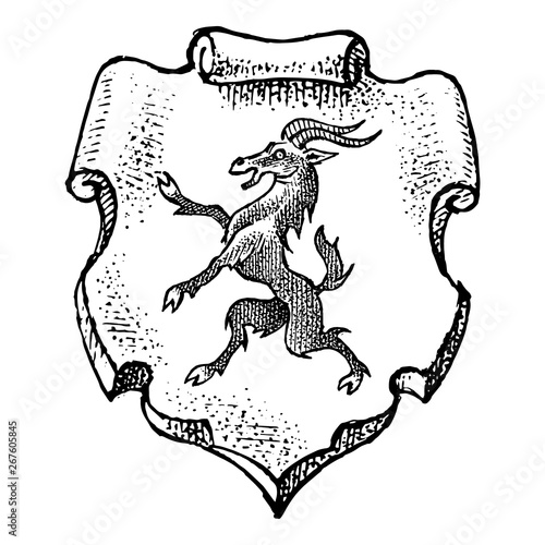 Animal for Heraldry in vintage style. Engraved coat of arms with goat, mythical creature. Medieval Emblems and the logo of the fantasy kingdom.