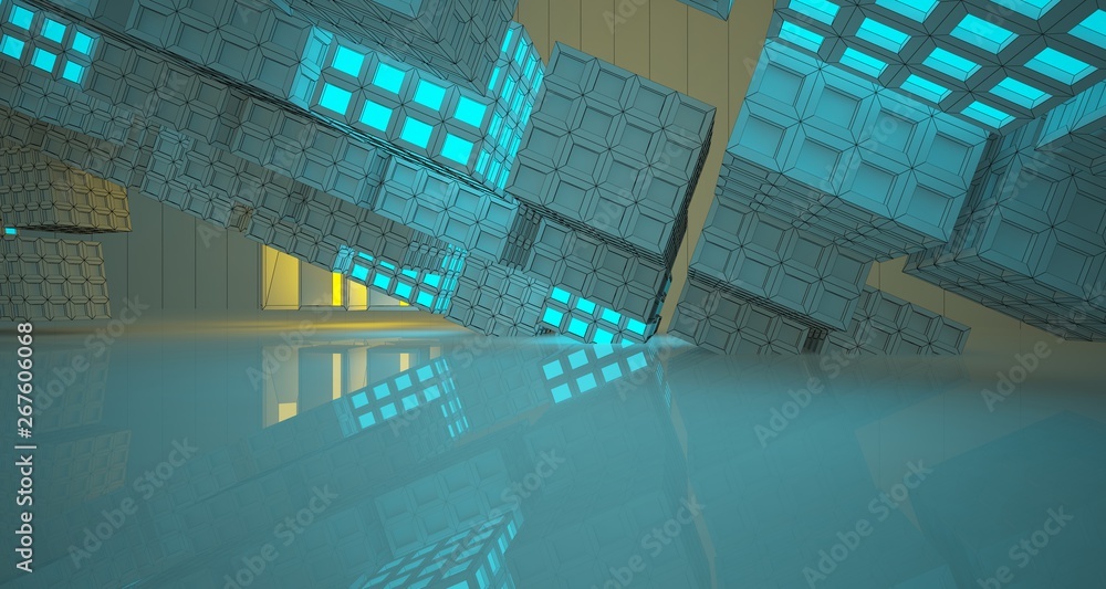 Abstract  Drawing Futuristic Sci-Fi interior With Yellow And Blue Glowing Neon Tubes . 3D illustration and rendering.