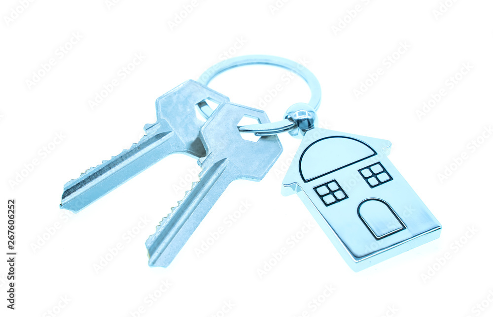 key chain with house symbol and keys on white background,Real estate concept key chain with house symbol and keys on white background,Real estate concept