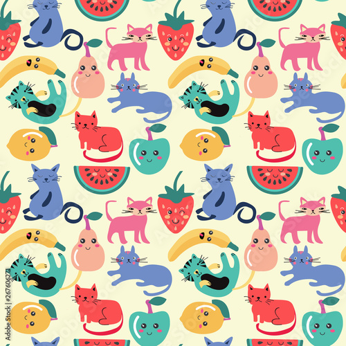 Cute cats and fruits, funny cartoon style background.