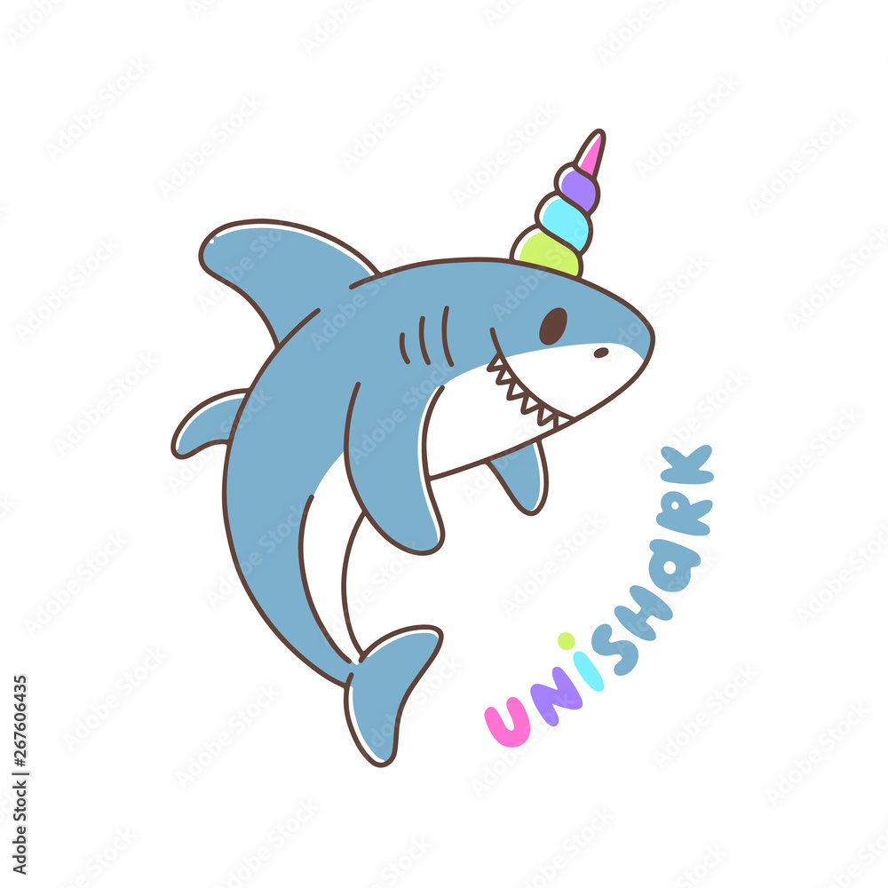 Naklejka premium Shark with bright horn unicorn on white background. It can be used for sticker, patch, phone case, poster, t-shirt, mug and other design.