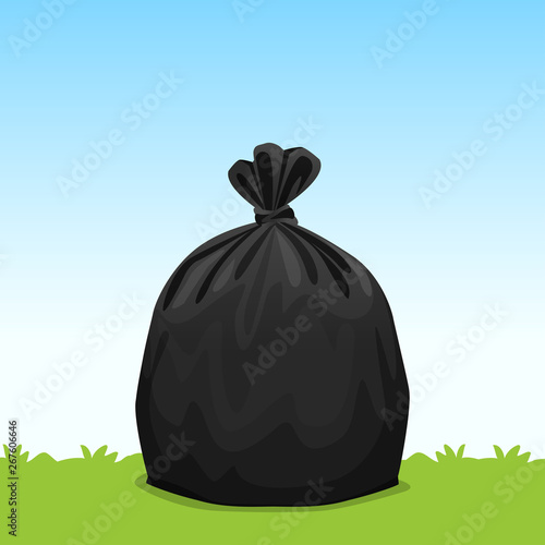 black bag plastic garbage on grass sky background, bin bag, garbage bags for waste, pollution plastic bag waste, 3r ad, waste plastic bags and copy space for banner advertising background