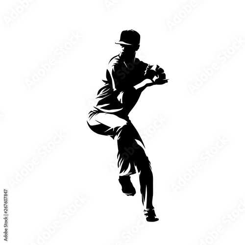 Baseball player, pitcher throwing ball, isolate vector silhouette. Ink drawing. Comics sportsman