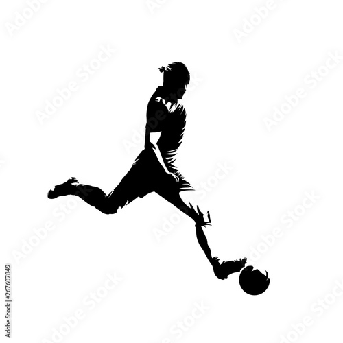 Soccer player kicking ball, isolated vector silhouette. Football, team sport