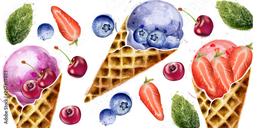 Ice cream and fruits summer pattern Vector watercolor. Delcious dessert illus...