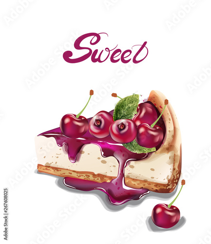 Sweet cherry cheesecake Vector watercolor. delicious desserts with fruit topings