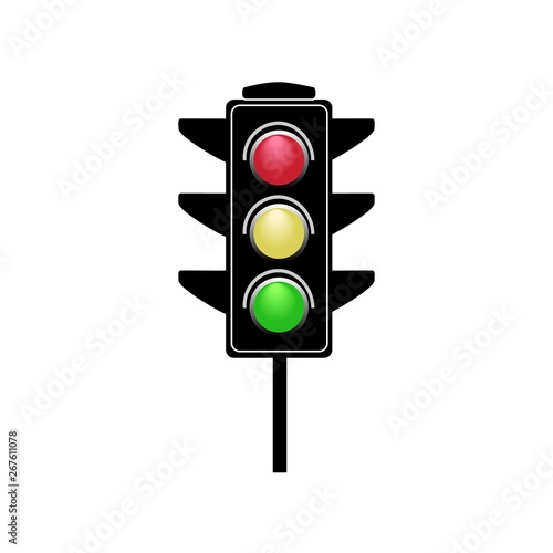 Stoplight sign. Icon traffic light on white background. Symbol regulate movement safety and warning. Electricity semaphore regulate transportation on crossroads urban road. Vector illustration.