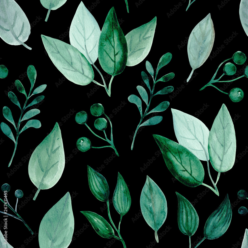 Fresh seamless pattern with watercolor green leaves on a black background. Isolated. Fresh seamless pattern with watercolor green leaves on a black background. Isolated.
