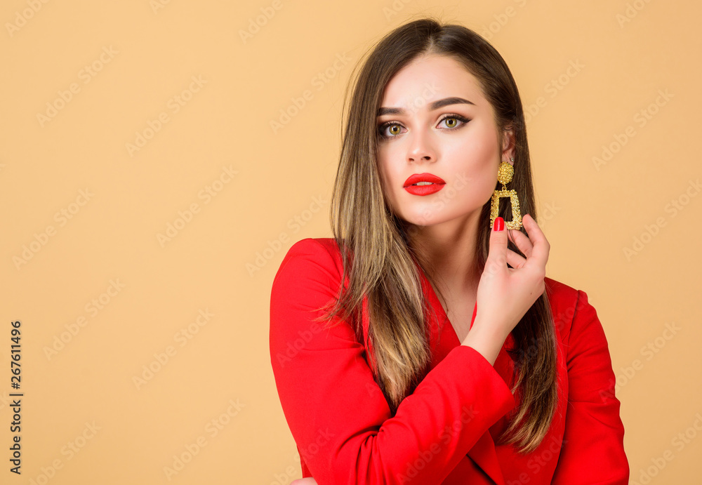 She is really cute. Sexy woman with professional makeup. Fashion portrait of elegant woman. jewelry earrings. Girl in red jacket. beauty and fashion. hair beauty and hairdresser salon. copy space She is really cute. Sexy woman with professional makeup. Fashion portrait of elegant woman. jewelry earrings. Girl in red jacket. beauty and fashion. hair beauty and hairdresser salon. copy space