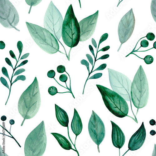 Fresh seamless pattern with watercolor green leaves on a white background. Isolated.